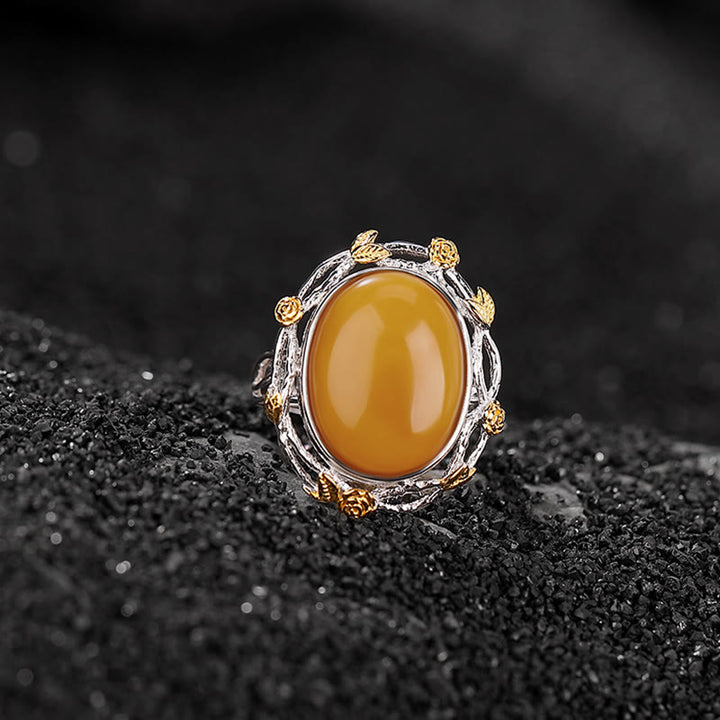 Buddha Stones990 スターリングシルバー メッキ ゴールド アンバー フォーカス 調節可能リング