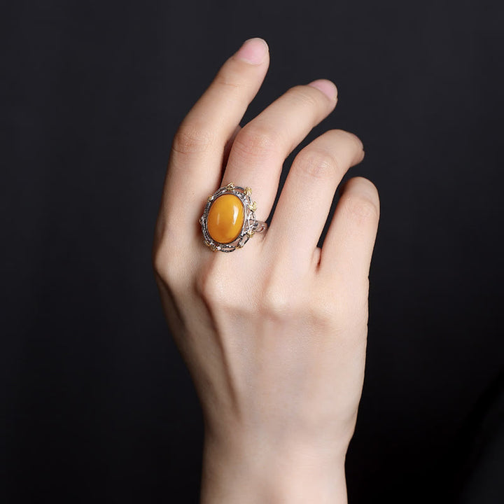 Buddha Stones990 スターリングシルバー メッキ ゴールド アンバー フォーカス 調節可能リング