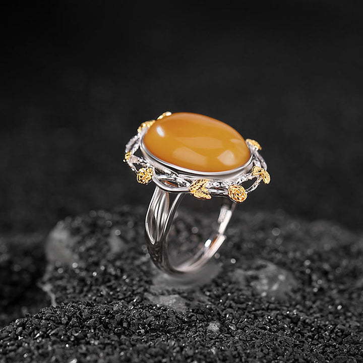 Buddha Stones990 スターリングシルバー メッキ ゴールド アンバー フォーカス 調節可能リング