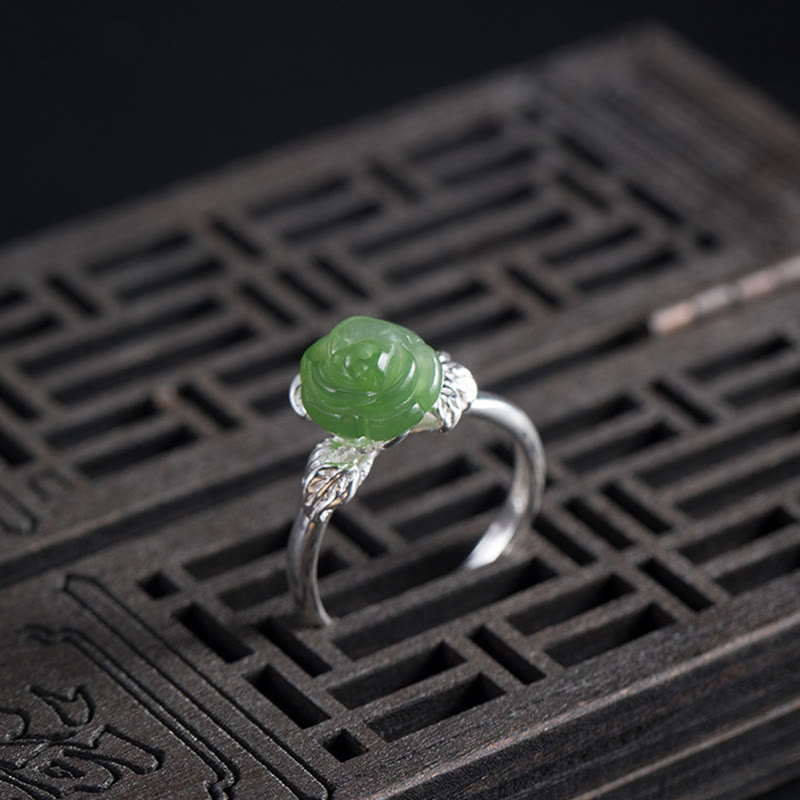 Buddha Stones925スターリングシルバー 翡翠 グリーンローズ 幸運 調節可能リング