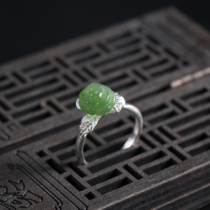 Buddha Stones925スターリングシルバー 翡翠 グリーンローズ 幸運 調節可能リング