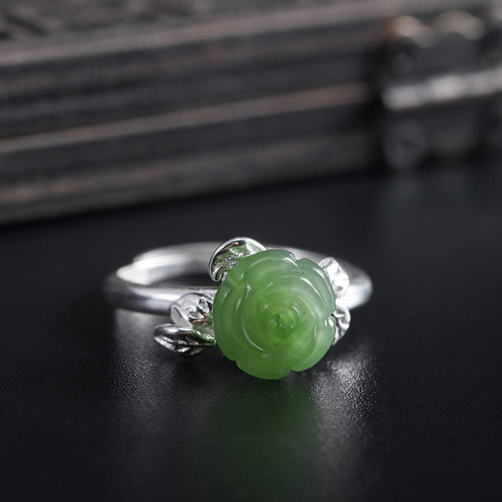 Buddha Stones925スターリングシルバー 翡翠 グリーンローズ 幸運 調節可能リング