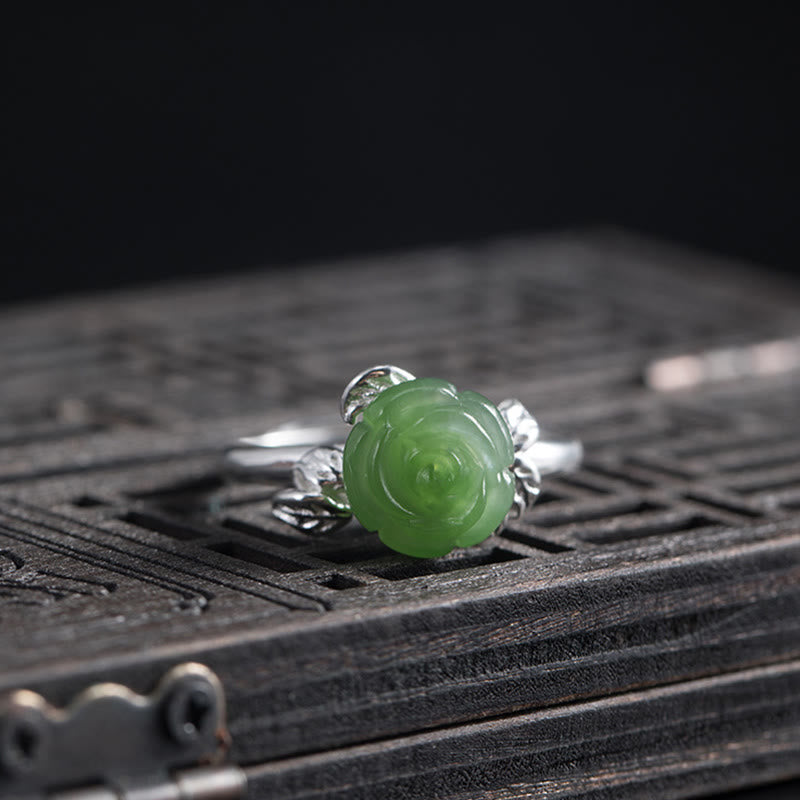 Buddha Stones925スターリングシルバー 翡翠 グリーンローズ 幸運 調節可能リング