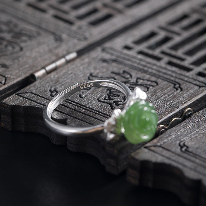 Buddha Stones925スターリングシルバー 翡翠 グリーンローズ 幸運 調節可能リング