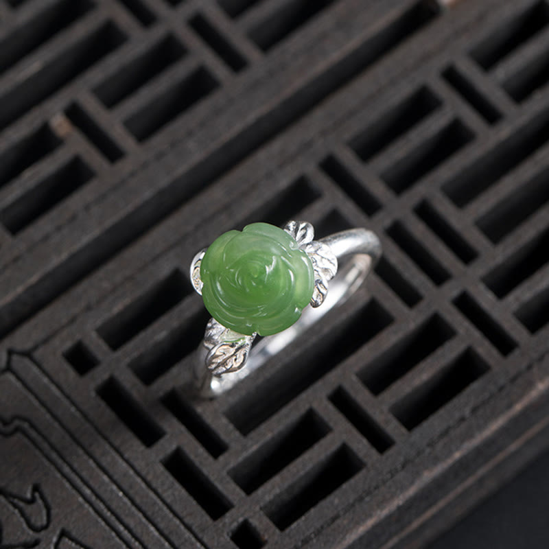 Buddha Stones925スターリングシルバー 翡翠 グリーンローズ 幸運 調節可能リング