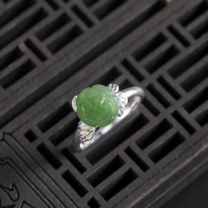 Buddha Stones925スターリングシルバー 翡翠 グリーンローズ 幸運 調節可能リング
