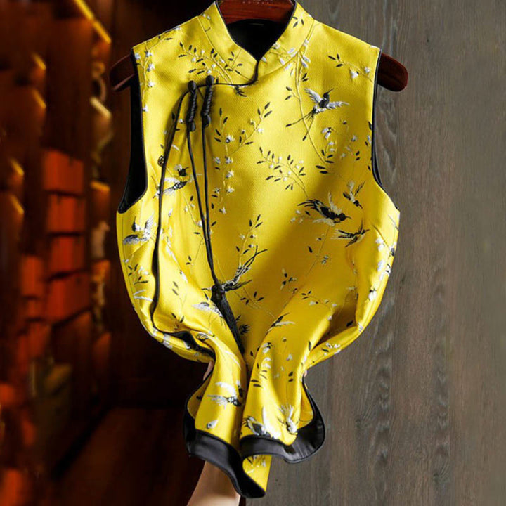 Buddha Stonesヴィンテージ刺繍鶴植物柄ノットボタンベスト - image 1