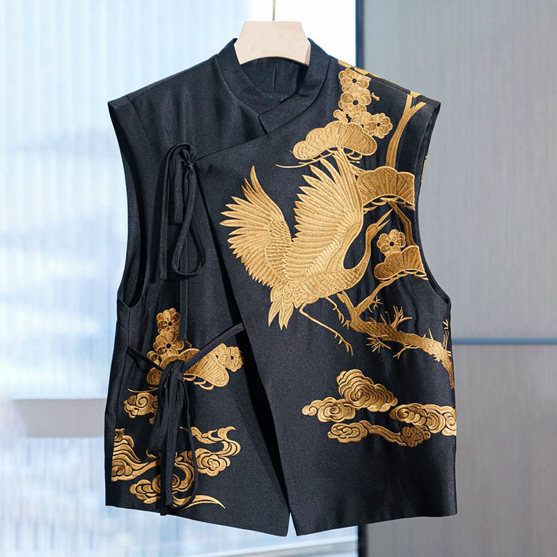 Buddha Stonesヴィンテージ刺繍金鶴雲模様ベスト - ゴールデン - US12、 UK/AU16、 EU44 (3XL) - image 0