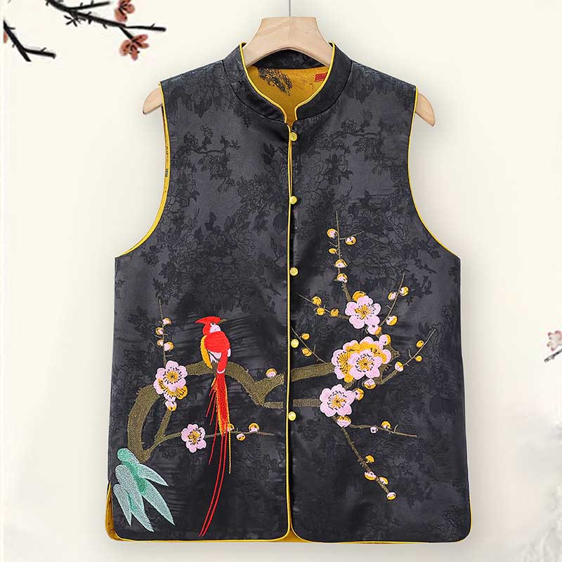 Buddha Stonesヴィンテージ刺繍梅花柄両面着用ベスト - 黒 - US16、 UK/AU20、 EU48 (5XL) - image 0