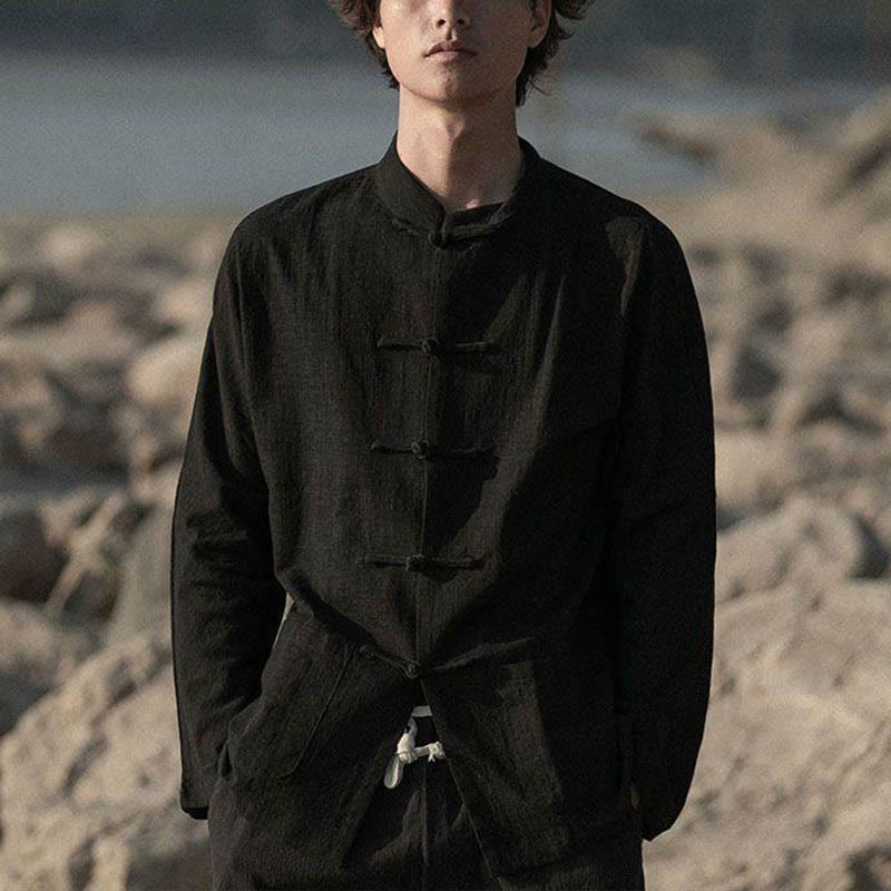 Buddha Stonesスタンドカラータンスーツカジュアルコットンリネンシャツ - image 10