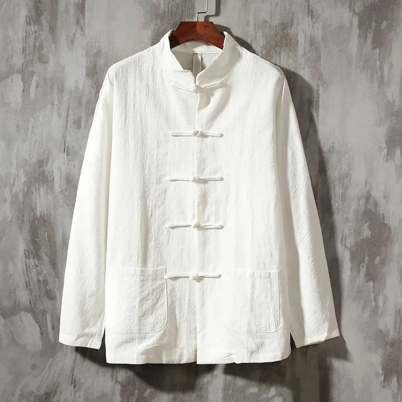 Buddha Stonesスタンドカラータンスーツカジュアルコットンリネンシャツ - 白 - US/UK/AU44、EU54 (5XL) - image 5