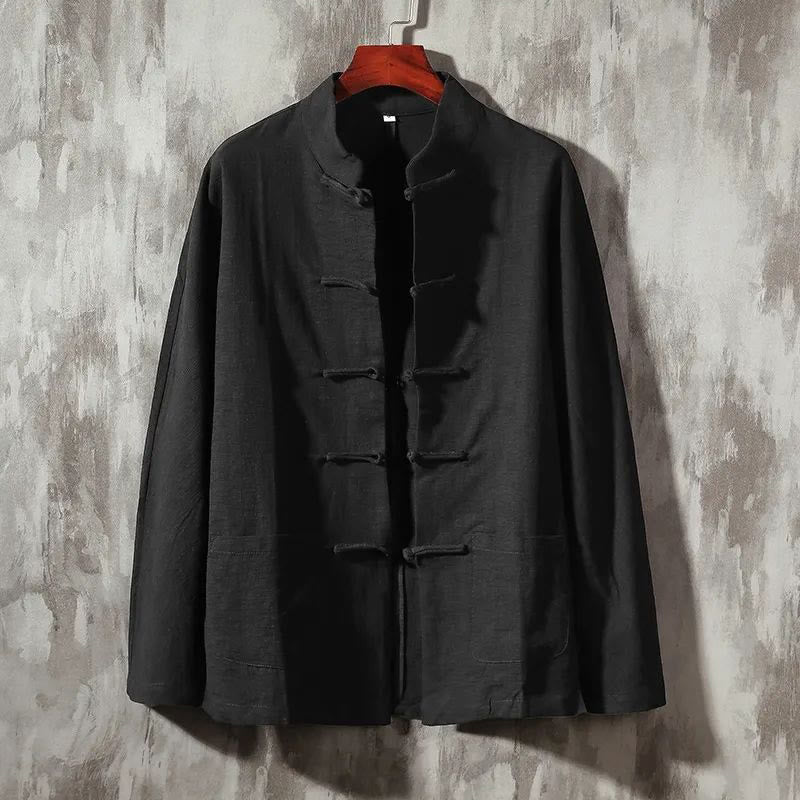 Buddha Stonesスタンドカラータンスーツカジュアルコットンリネンシャツ - 黒 - US/UK/AU44、EU54 (5XL) - image 8