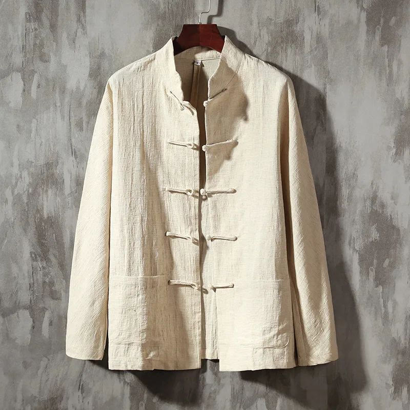 Buddha Stonesスタンドカラータンスーツカジュアルコットンリネンシャツ - ベージュ - US/UK/AU44、EU54 (5XL) - image 0