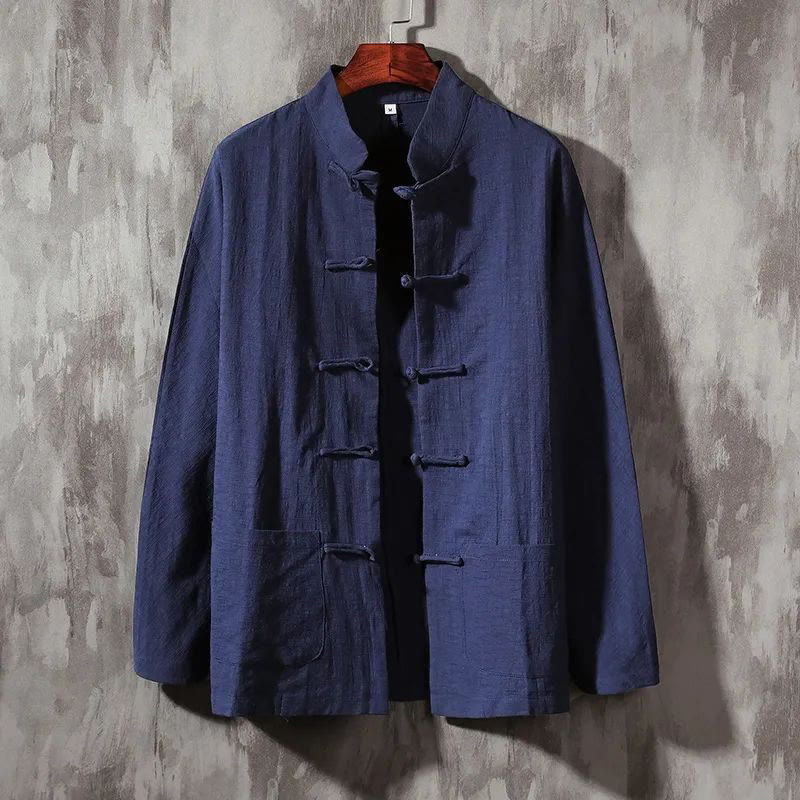 Buddha Stonesスタンドカラータンスーツカジュアルコットンリネンシャツ - ダークスレートブルー - US/UK/AU44、EU54 (5XL) - image 13
