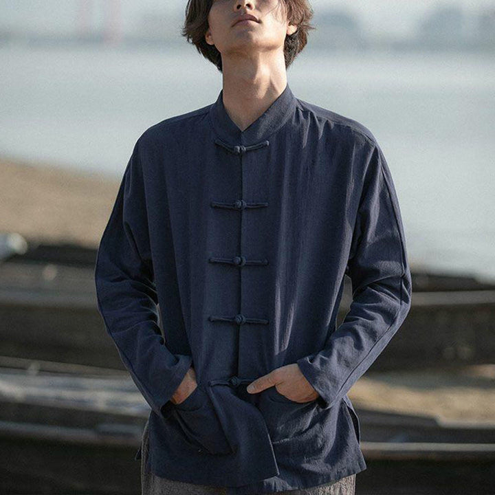 Buddha Stonesスタンドカラータンスーツカジュアルコットンリネンシャツ - image 15