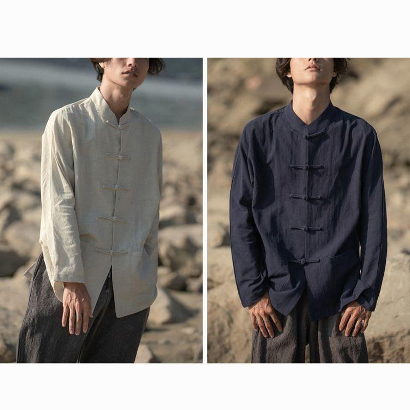 Buddha Stonesスタンドカラータンスーツカジュアルコットンリネンシャツ - image 16