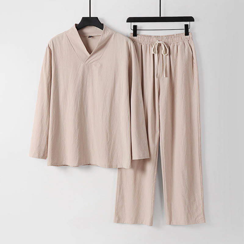 Buddha Stonesクロスカラーコットン唐装漢服トップスパンツメンズセット - ビスク - US/UK/AU54、 EU64 (9XL) - image 10
