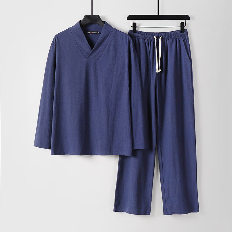 Buddha Stonesクロスカラーコットン唐装漢服トップスパンツメンズセット - ダークスレートブルー - US/UK/AU54、 EU64 (9XL) - image 13
