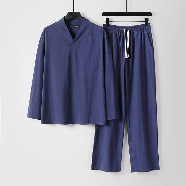 Buddha Stonesクロスカラーコットン唐装漢服トップスパンツメンズセット - ダークスレートブルー - US/UK/AU54、 EU64 (9XL) - image 13