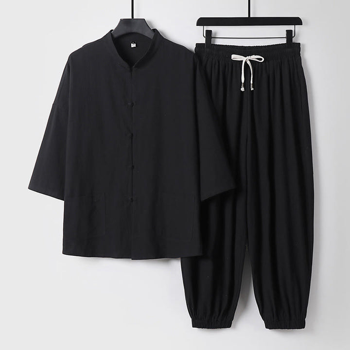 Buddha Stones七分袖 クロップド丈 ブルマー コットン トップス パンツ 衣類 メンズ セット - 黒 - US/UK/AU50、 EU60 (7XL) - image 4