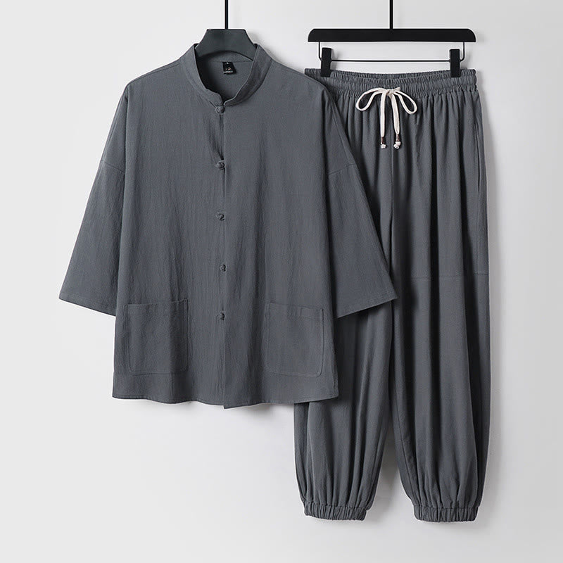 Buddha Stones七分袖 クロップド丈 ブルマー コットン トップス パンツ 衣類 メンズ セット - グレー - US/UK/AU50、 EU60 (7XL) - image 0