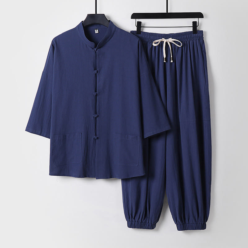 Buddha Stones七分袖 クロップド丈 ブルマー コットン トップス パンツ 衣類 メンズ セット - ダークスレートブルー - US/UK/AU50、 EU60 (7XL) - image 8
