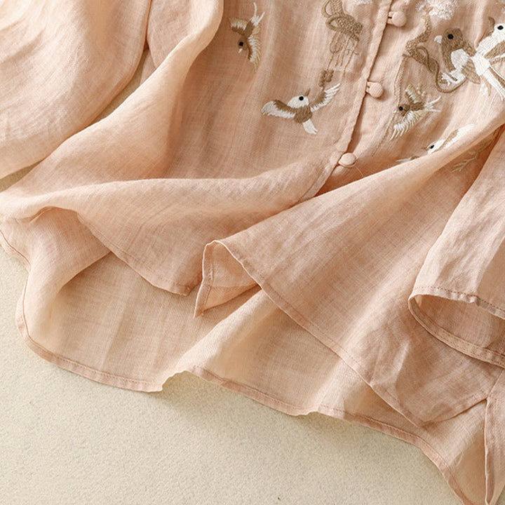 Buddha Stonesラウンドネックカジュアルブラウス刺繍長袖シャツコットンリネントップスレディースシャツ - image 3