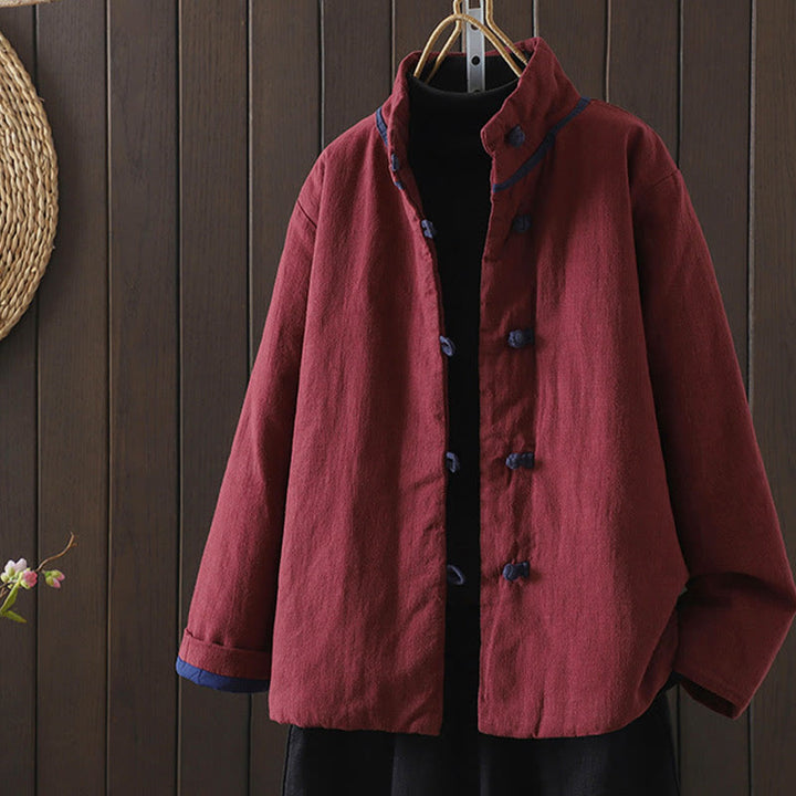 Buddha Stones無地 カジュアル フロッグボタン タートルネック コットン リネン レディース ジャケット シャツ 衣類 - マルーン - US8-10，UK/AU12-14，EU40-42 (2XL) - image 0