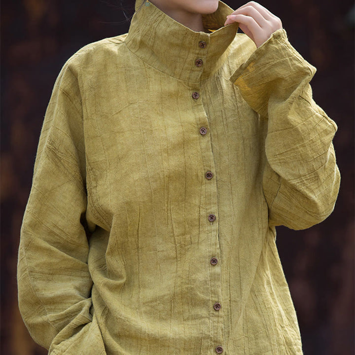 Buddha Stonesタートルネック染色ラミーコットン中国風カーディガン - image 2