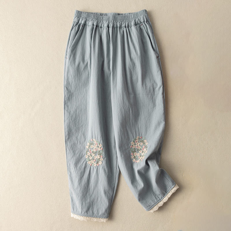 Buddha Stonesカジュアル レーストリム 刺繍 コットン ハーレムパンツ ポケット付き