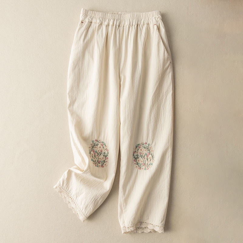 Buddha Stonesカジュアル レーストリム 刺繍 コットン ハーレムパンツ ポケット付き