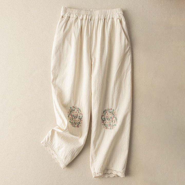 Buddha Stonesカジュアル レーストリム 刺繍 コットン ハーレムパンツ ポケット付き