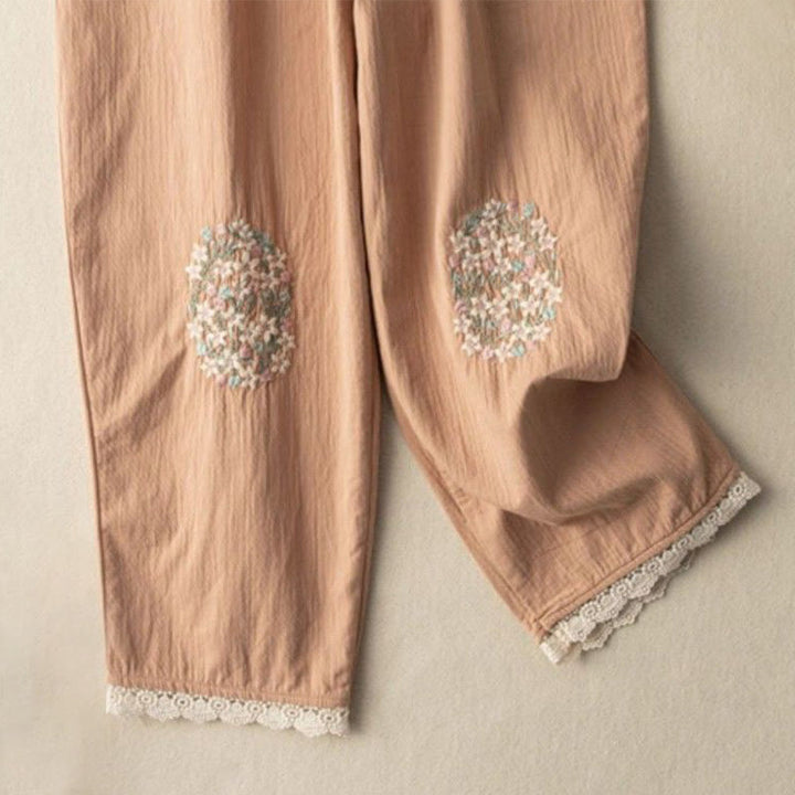 Buddha Stonesカジュアル レーストリム 刺繍 コットン ハーレムパンツ ポケット付き