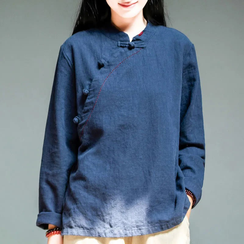 Buddha Stones斜め襟結びボタンコットンゆったりリネン服 - ミッドナイトブルー - US14、 UK/AU18、 EU46 (4XL) - image 16