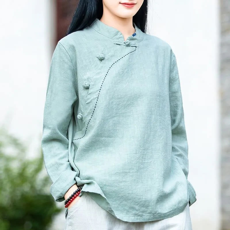 Buddha Stones斜め襟結びボタンコットンゆったりリネン服 - ペールターコイズ - US14、 UK/AU18、 EU46 (4XL) - image 1