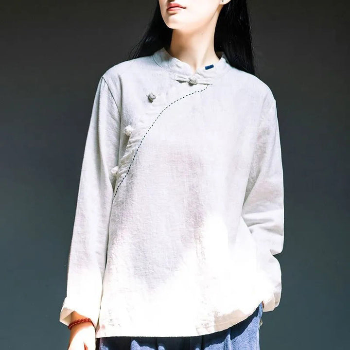 Buddha Stones斜め襟結びボタンコットンゆったりリネン服 - 白 - US14、 UK/AU18、 EU46 (4XL) - image 11