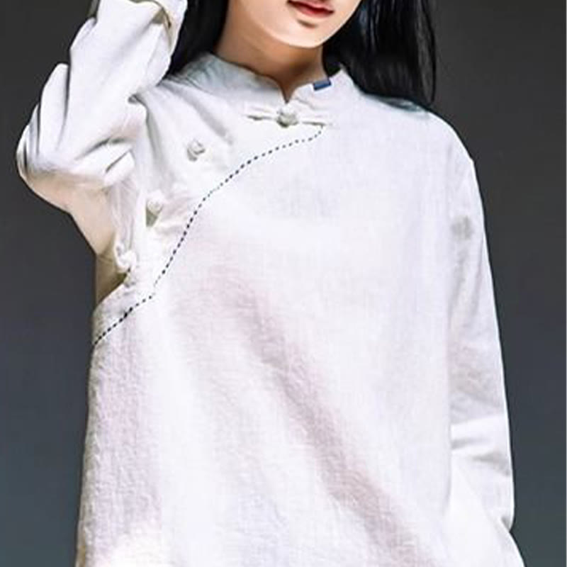 Buddha Stones斜め襟結びボタンコットンゆったりリネン服 - image 13