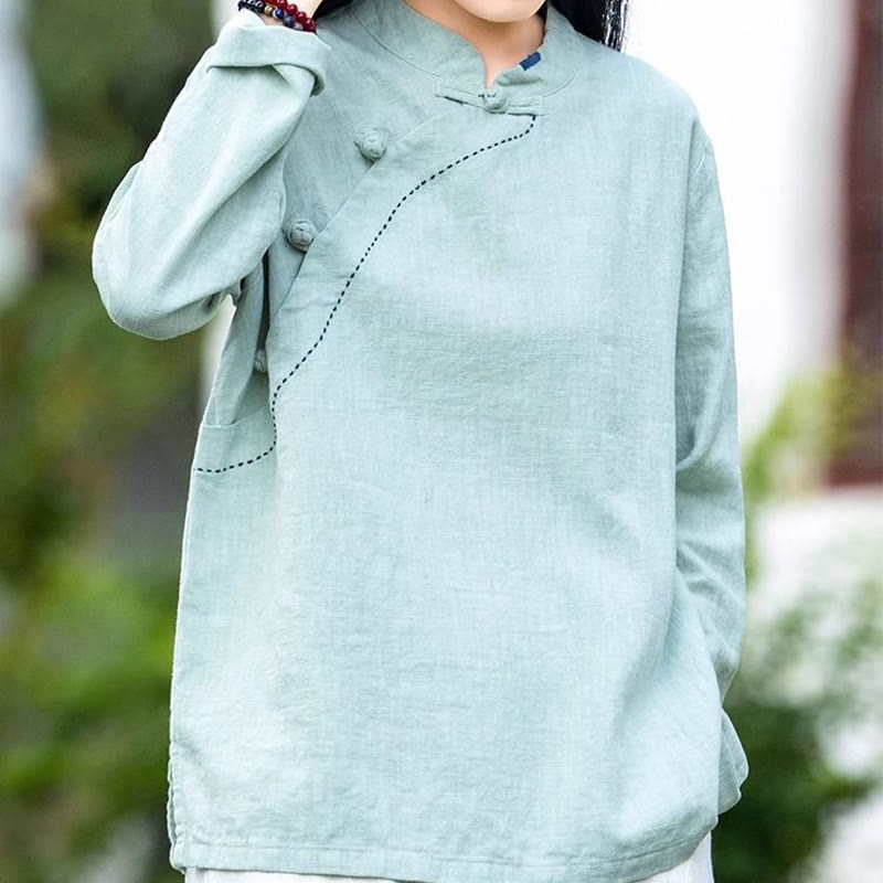 Buddha Stones斜め襟結びボタンコットンゆったりリネン服 - image 2
