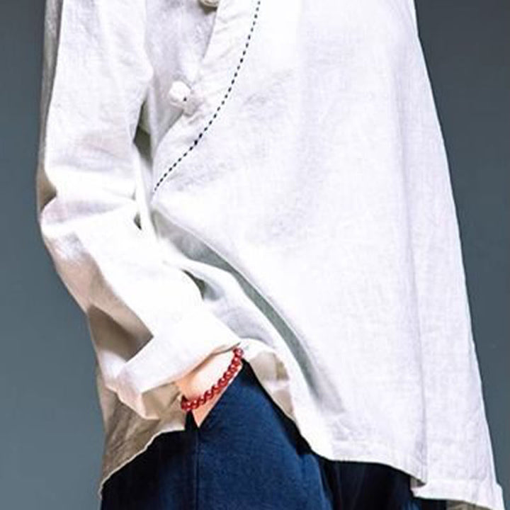 Buddha Stones斜め襟結びボタンコットンゆったりリネン服 - image 14
