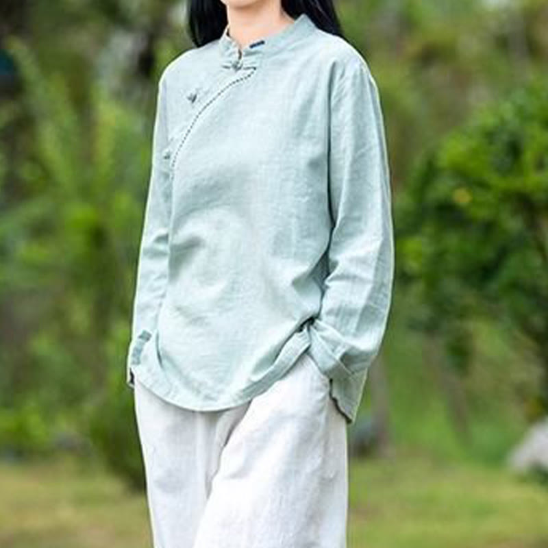 Buddha Stones斜め襟結びボタンコットンゆったりリネン服 - image 5