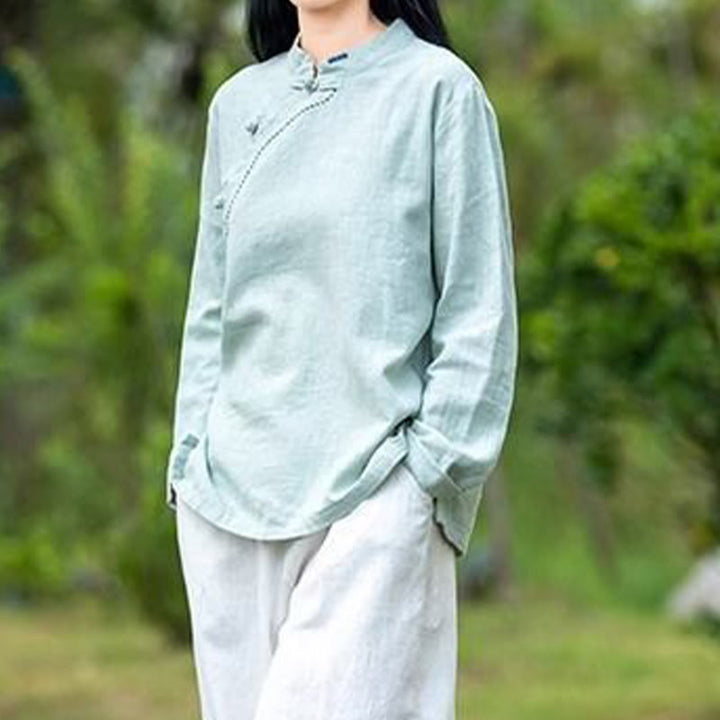 Buddha Stones斜め襟結びボタンコットンゆったりリネン服 - image 5