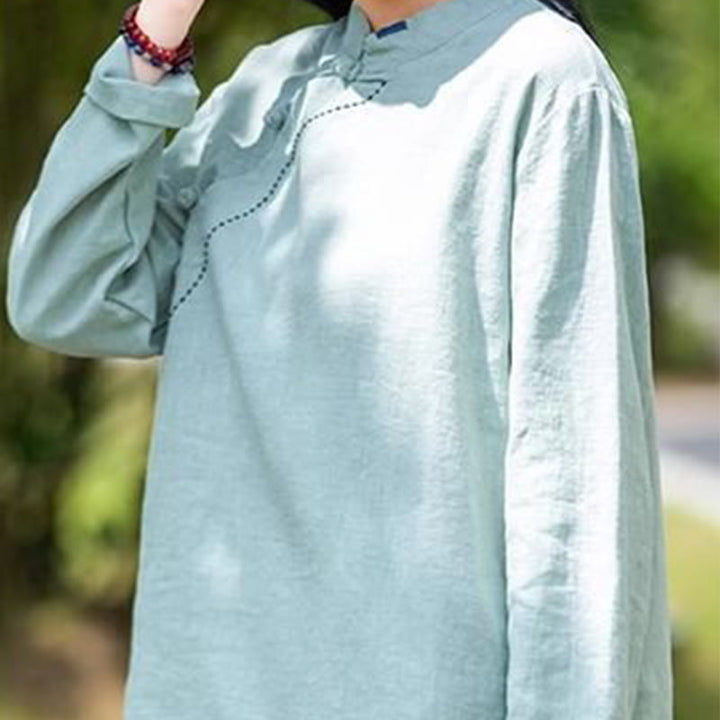 Buddha Stones斜め襟結びボタンコットンゆったりリネン服 - image 3
