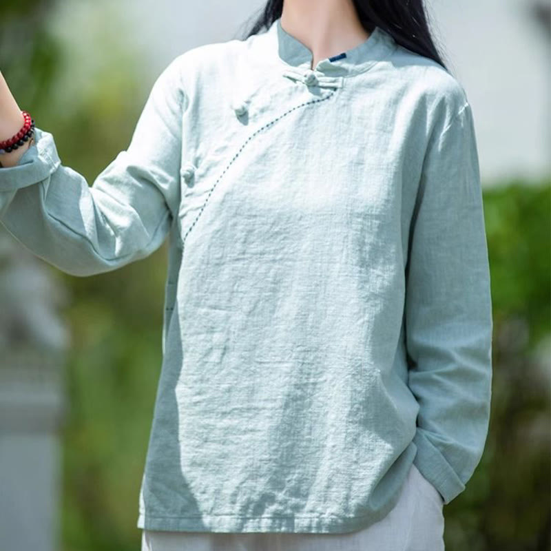 Buddha Stones斜め襟結びボタンコットンゆったりリネン服 - image 4