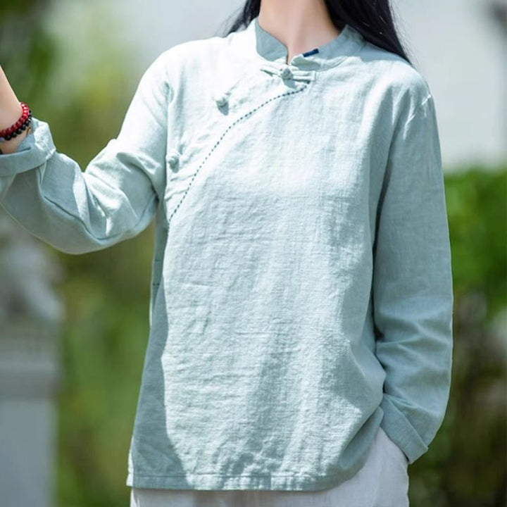 Buddha Stones斜め襟結びボタンコットンゆったりリネン服 - image 4