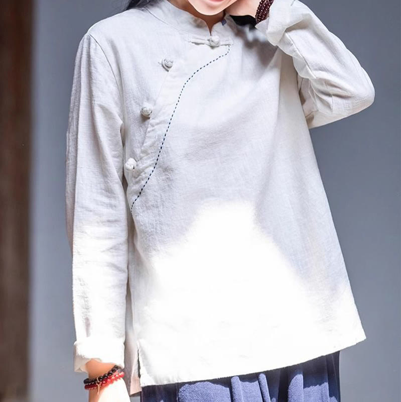 Buddha Stones斜め襟結びボタンコットンゆったりリネン服 - image 12