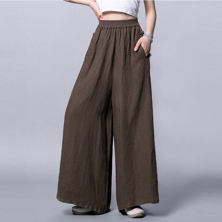 Buddha Stonesカジュアルコットン フロッグボタン ハイウエスト ワイドレッグパンツ ポケット付き