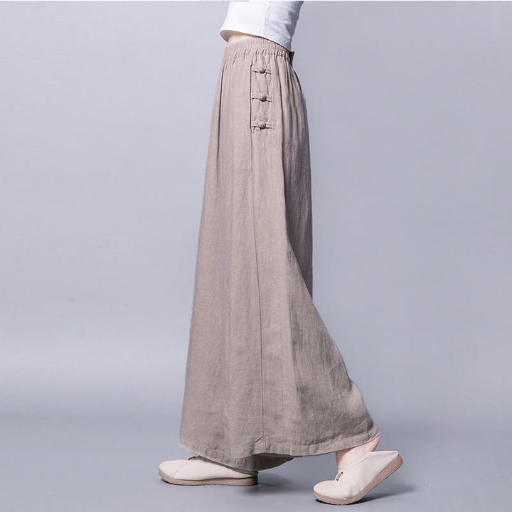Buddha Stonesカジュアルコットン フロッグボタン ハイウエスト ワイドレッグパンツ ポケット付き