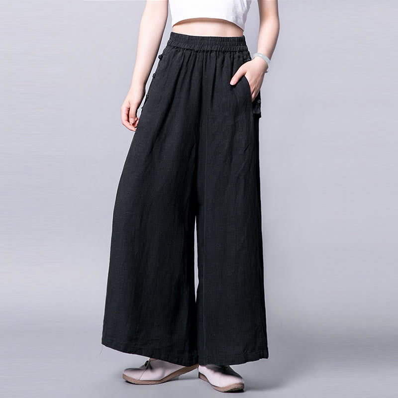 Buddha Stonesカジュアルコットン フロッグボタン ハイウエスト ワイドレッグパンツ ポケット付き