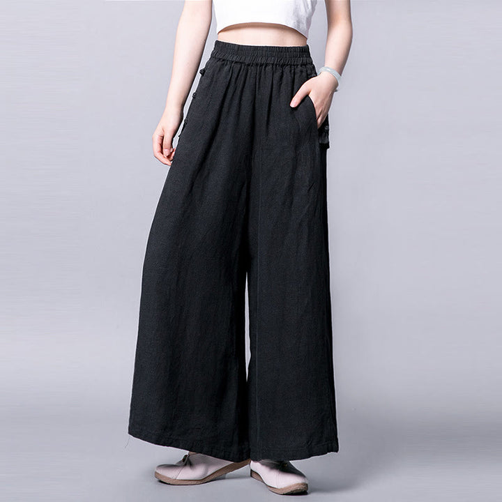 Buddha Stonesカジュアルコットン フロッグボタン ハイウエスト ワイドレッグパンツ ポケット付き