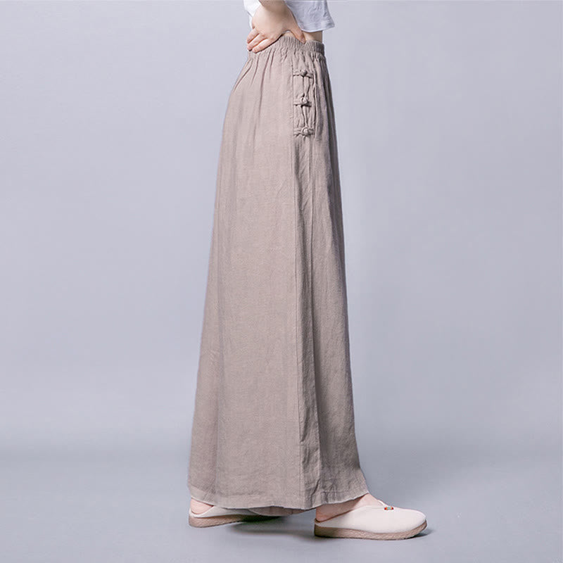 Buddha Stonesカジュアルコットン フロッグボタン ハイウエスト ワイドレッグパンツ ポケット付き
